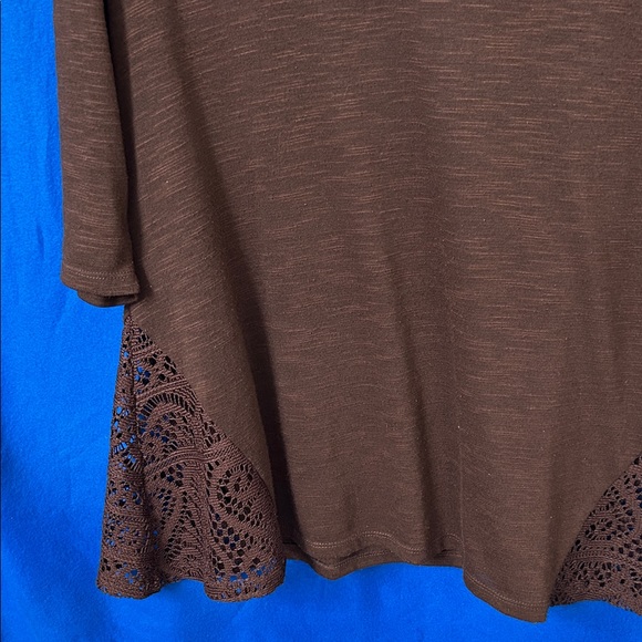 Chocolate Brown Cowl Neck Top with lace insert on side. - Picture 3 of 7